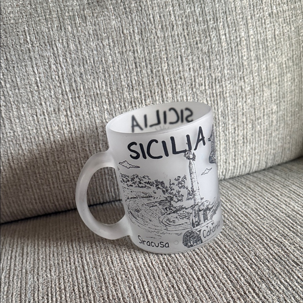 Sicilia Frosted White Glass Mug with Black Illustration